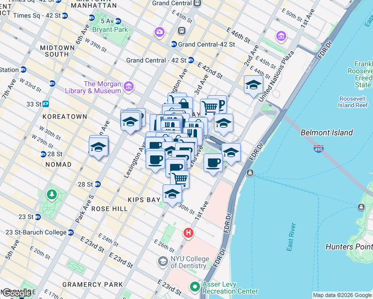 map of restaurants, bars, coffee shops, grocery stores, and more near 214 East 35th Street in New York