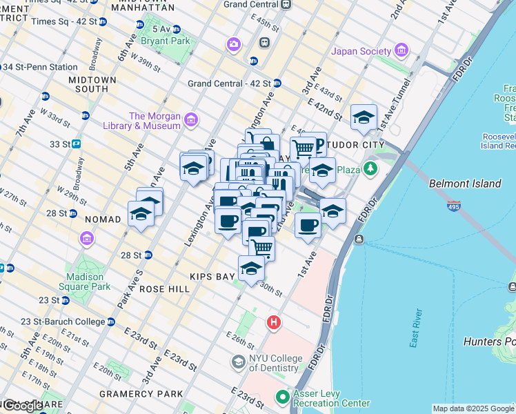 map of restaurants, bars, coffee shops, grocery stores, and more near 214 East 35th Street in New York