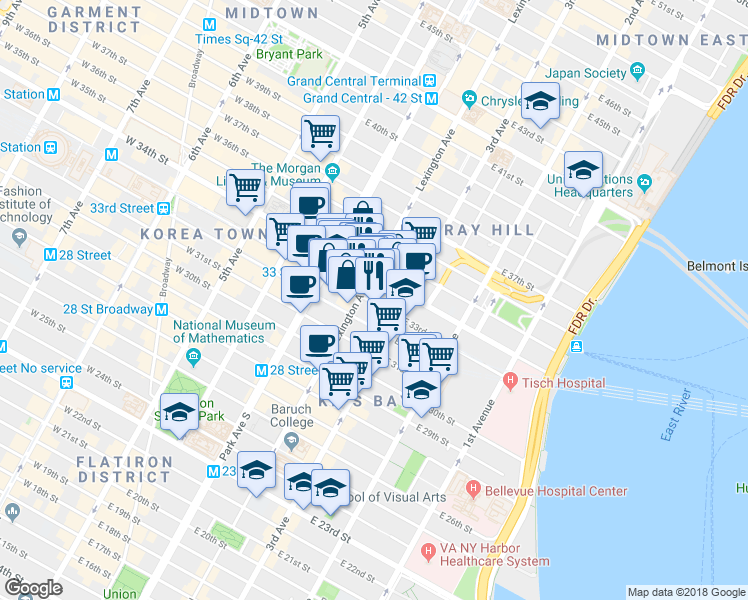 map of restaurants, bars, coffee shops, grocery stores, and more near 225 Lexington Avenue in New York