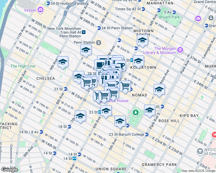 map of restaurants, bars, coffee shops, grocery stores, and more near 121 West 27th Street in New York