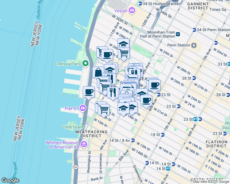 map of restaurants, bars, coffee shops, grocery stores, and more near 445 West 21st Street in New York