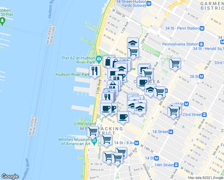 map of restaurants, bars, coffee shops, grocery stores, and more near 521 West 19th Street in New York