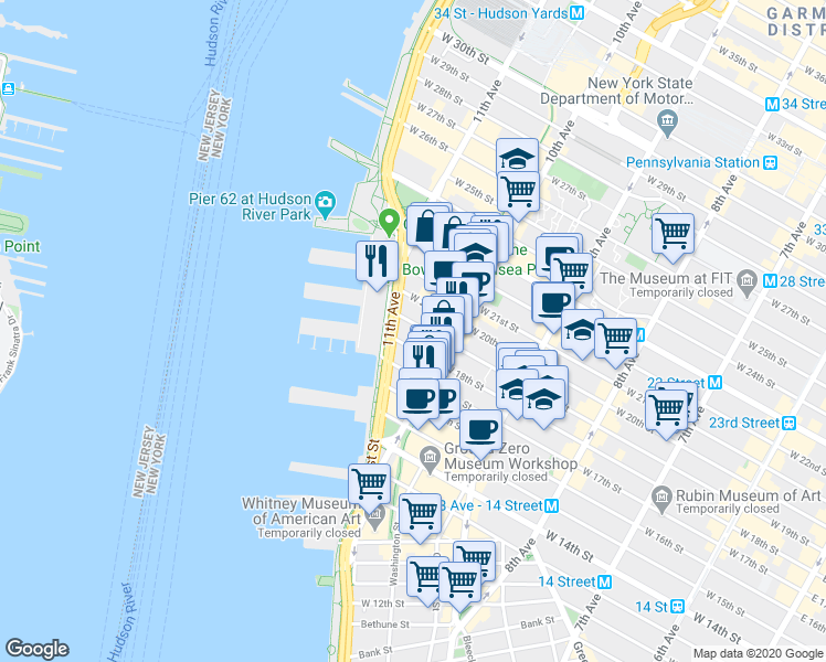 map of restaurants, bars, coffee shops, grocery stores, and more near 521 West 19th Street in New York