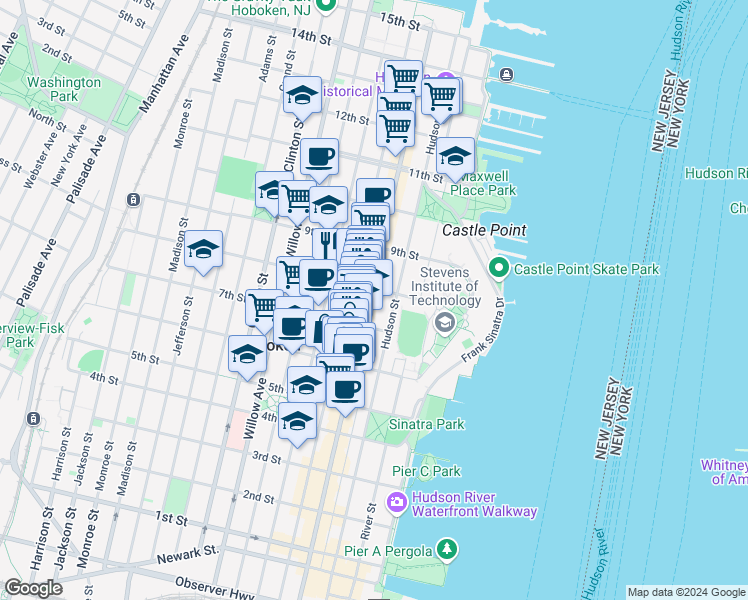 map of restaurants, bars, coffee shops, grocery stores, and more near 799 Washington Street in Hoboken