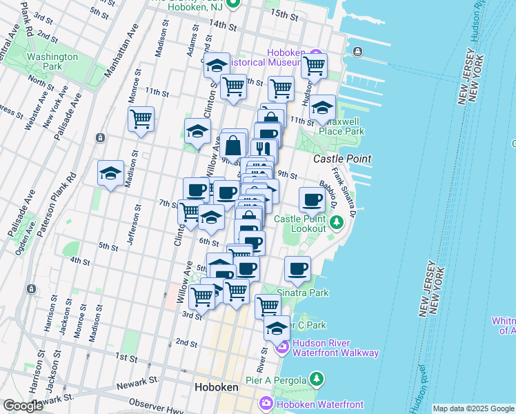 map of restaurants, bars, coffee shops, grocery stores, and more near 799 Washington Street in Hoboken