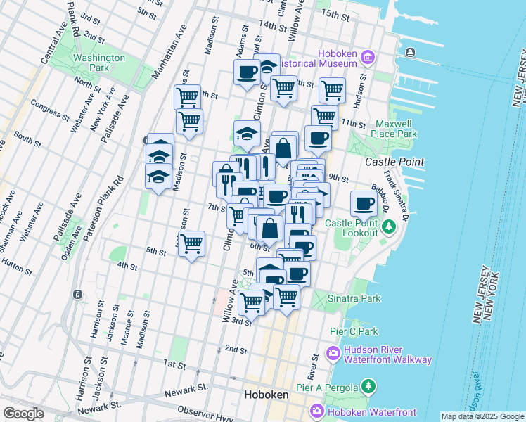 map of restaurants, bars, coffee shops, grocery stores, and more near 727 Park Avenue in Hoboken