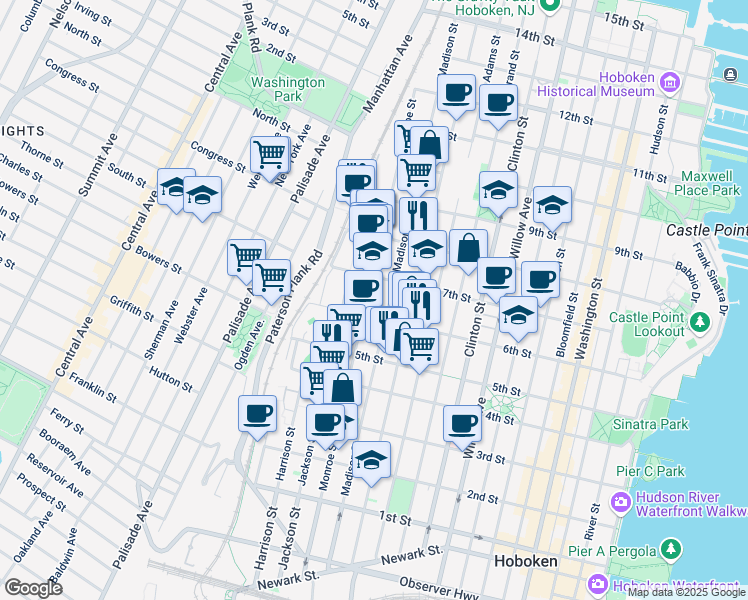 map of restaurants, bars, coffee shops, grocery stores, and more near 622 Monroe Street in Hoboken