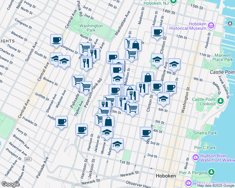 map of restaurants, bars, coffee shops, grocery stores, and more near 622 Monroe Street in Hoboken