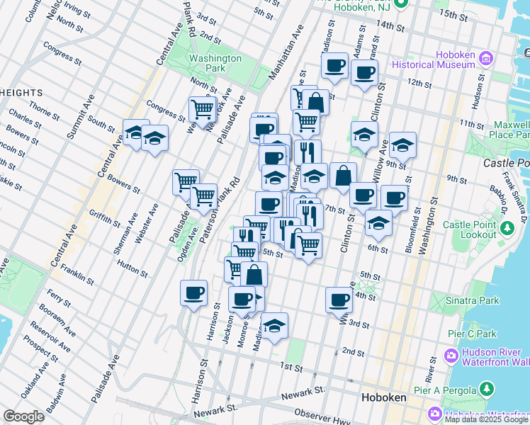 map of restaurants, bars, coffee shops, grocery stores, and more near 622 Monroe Street in Hoboken