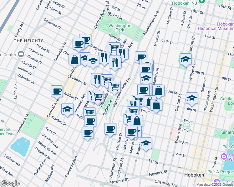 map of restaurants, bars, coffee shops, grocery stores, and more near 360 Ogden Avenue in Jersey City