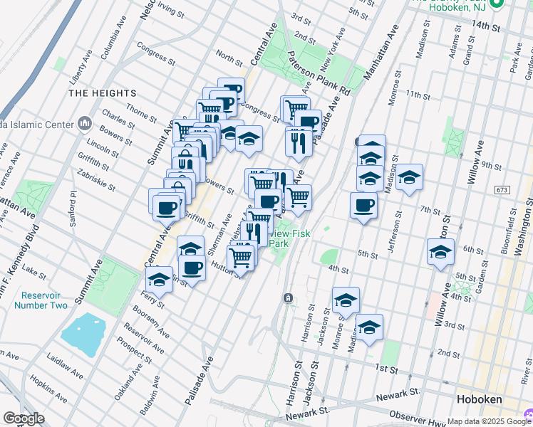 map of restaurants, bars, coffee shops, grocery stores, and more near 52 Bowers Street in Jersey City