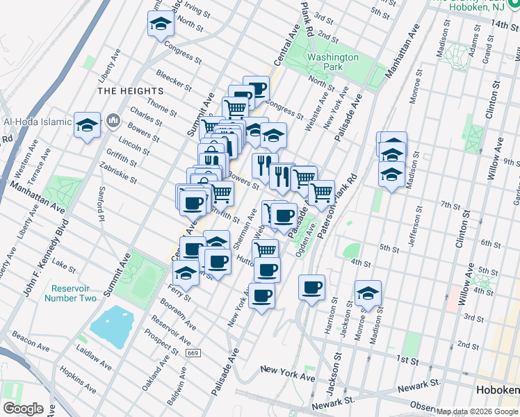 map of restaurants, bars, coffee shops, grocery stores, and more near 156 Sherman Avenue in Jersey City