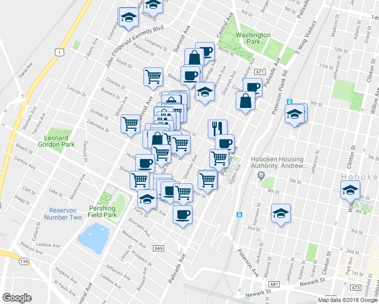 map of restaurants, bars, coffee shops, grocery stores, and more near 95 Hancock Avenue in Jersey City