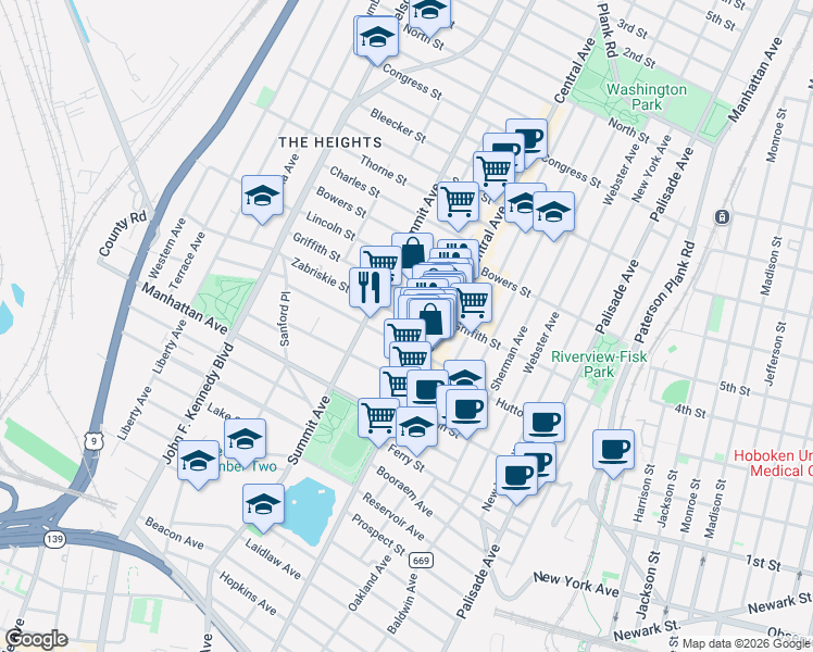 map of restaurants, bars, coffee shops, grocery stores, and more near 20 Zabriskie Street in Jersey City