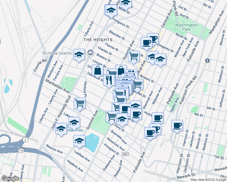 map of restaurants, bars, coffee shops, grocery stores, and more near 47 Zabriskie Street in Jersey City