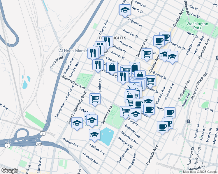 map of restaurants, bars, coffee shops, grocery stores, and more near 102 Sherman Place in Jersey City