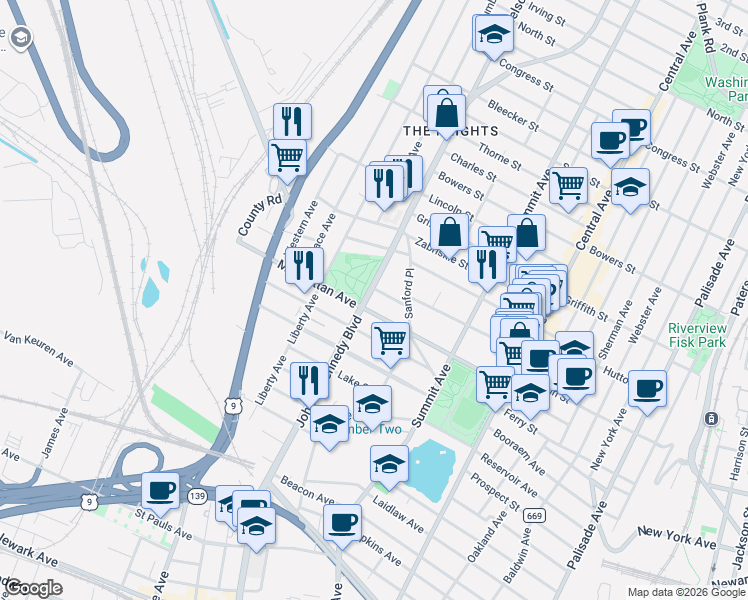 map of restaurants, bars, coffee shops, grocery stores, and more near 3303 John F. Kennedy Boulevard in Jersey City
