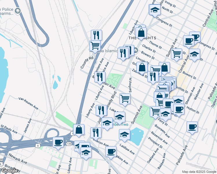 map of restaurants, bars, coffee shops, grocery stores, and more near 260 County Road 647 in Jersey City