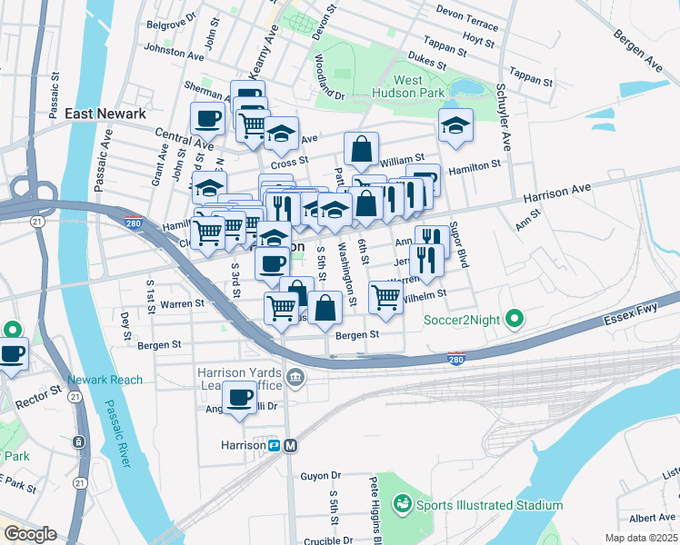 map of restaurants, bars, coffee shops, grocery stores, and more near 28 1/2 Washington Street in Harrison