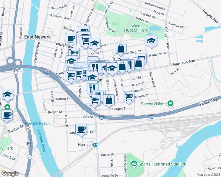 map of restaurants, bars, coffee shops, grocery stores, and more near 22 South 5th Street in Harrison