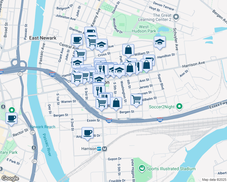 map of restaurants, bars, coffee shops, grocery stores, and more near 22 South 5th Street in Harrison