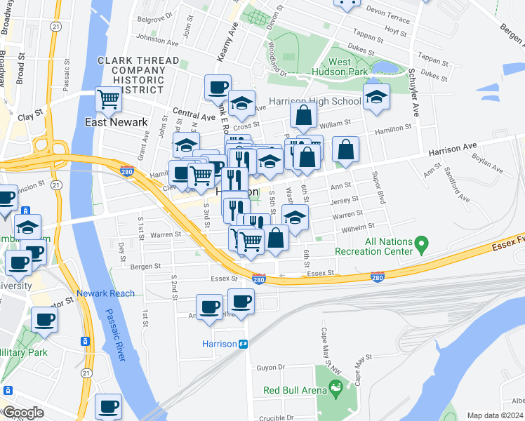 map of restaurants, bars, coffee shops, grocery stores, and more near 22 South 5th Street in Harrison