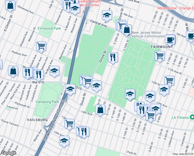map of restaurants, bars, coffee shops, grocery stores, and more near 322 Grove Street in Newark