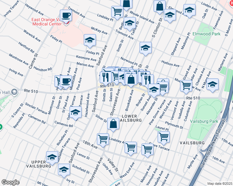 map of restaurants, bars, coffee shops, grocery stores, and more near 11 Stuyvesant Avenue in Irvington