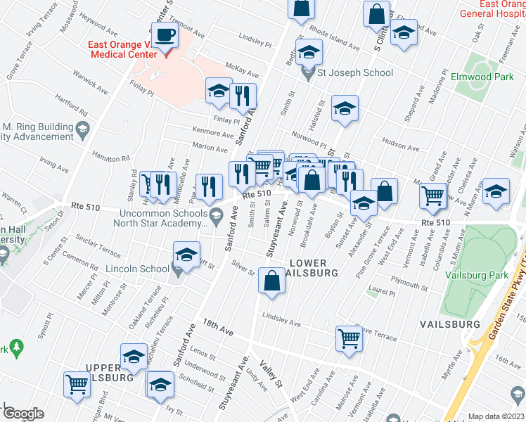map of restaurants, bars, coffee shops, grocery stores, and more near 174 Smith Street in Newark