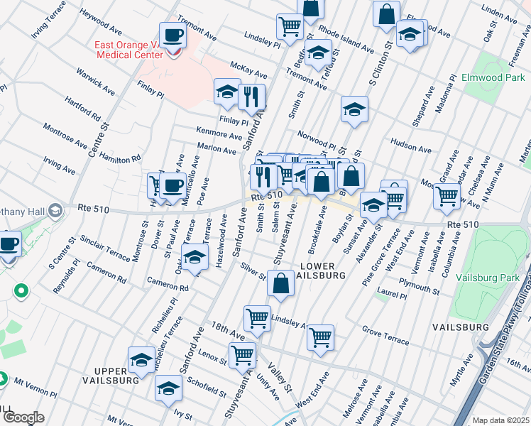 map of restaurants, bars, coffee shops, grocery stores, and more near 174 Smith Street in Newark