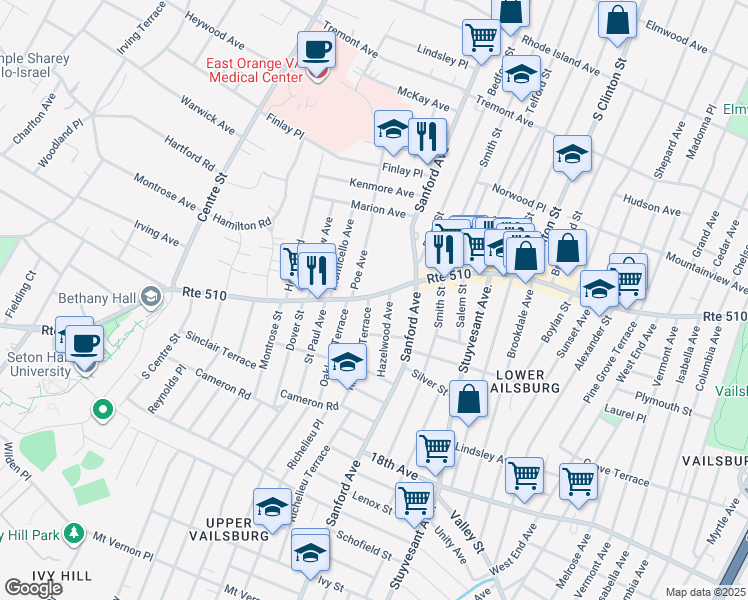 map of restaurants, bars, coffee shops, grocery stores, and more near 1074 South Orange Avenue in Newark