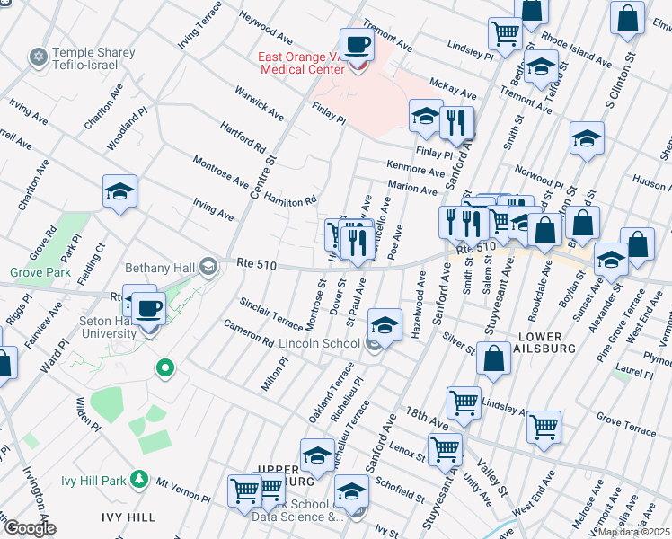 map of restaurants, bars, coffee shops, grocery stores, and more near 9-11 Longfellow Avenue in Newark