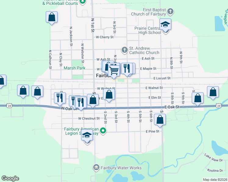 map of restaurants, bars, coffee shops, grocery stores, and more near 120 South 3rd Street in Fairbury