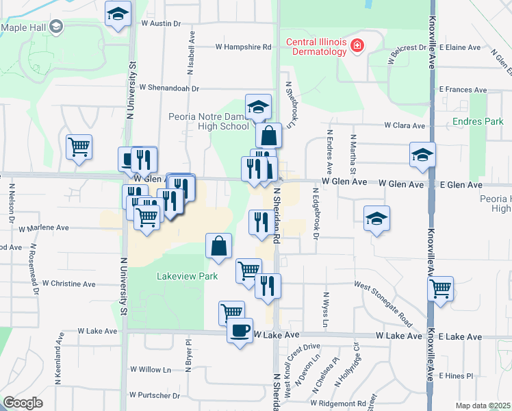 map of restaurants, bars, coffee shops, grocery stores, and more near 708 West Glen Avenue in Peoria