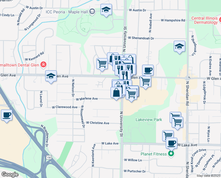map of restaurants, bars, coffee shops, grocery stores, and more near 1401 West Covington Court in Peoria