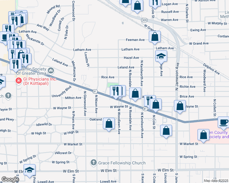 map of restaurants, bars, coffee shops, grocery stores, and more near 1521 Ellison Drive in Lima