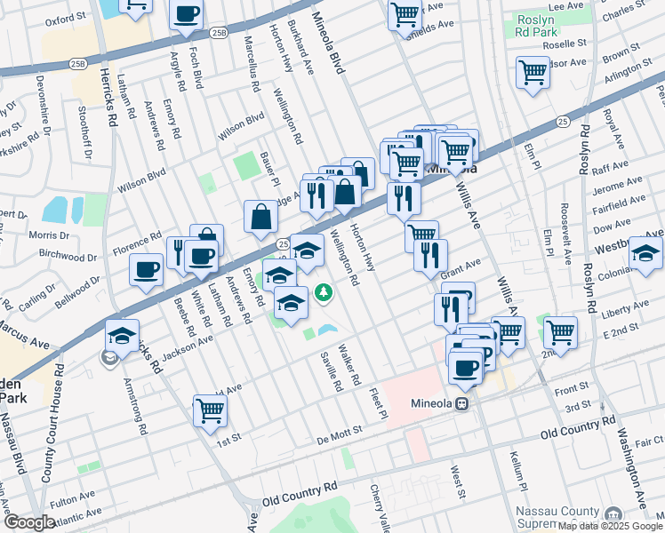 map of restaurants, bars, coffee shops, grocery stores, and more near 250 Marcellus Road in Mineola