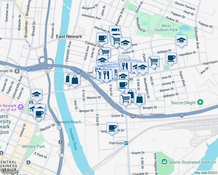 map of restaurants, bars, coffee shops, grocery stores, and more near 238 Harrison Avenue in Harrison