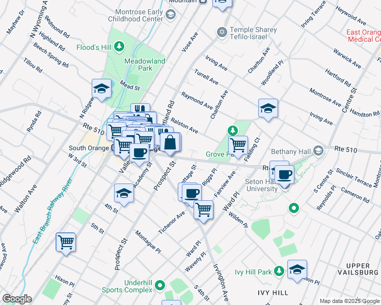 map of restaurants, bars, coffee shops, grocery stores, and more near in South Orange