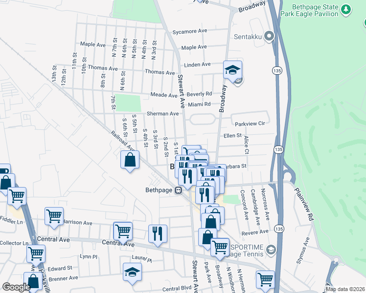 map of restaurants, bars, coffee shops, grocery stores, and more near 628 Stewart Avenue in Bethpage
