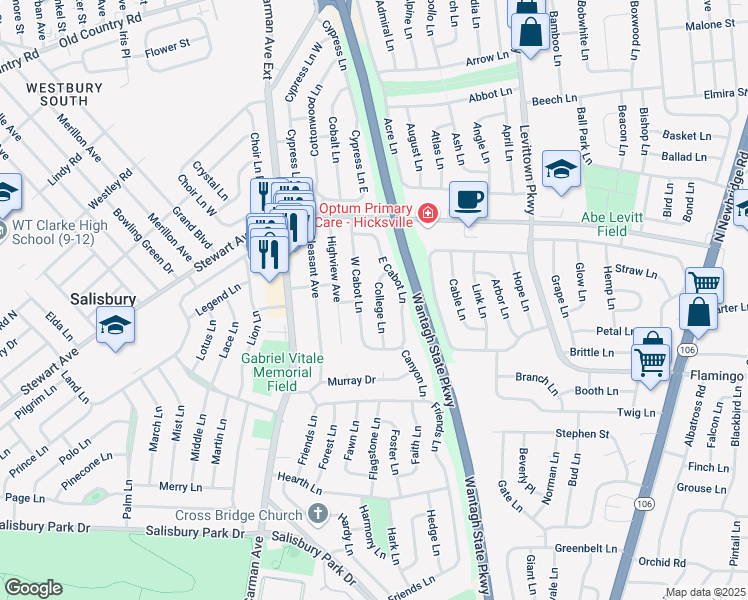 map of restaurants, bars, coffee shops, grocery stores, and more near 11 College Lane in Westbury