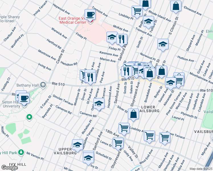map of restaurants, bars, coffee shops, grocery stores, and more near 1074 South Orange Avenue in Newark
