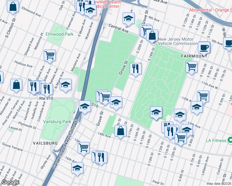 map of restaurants, bars, coffee shops, grocery stores, and more near 322 Grove Street in Newark