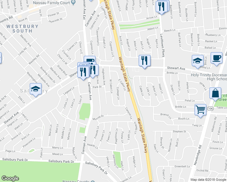 map of restaurants, bars, coffee shops, grocery stores, and more near 49 West Cabot Lane in Westbury