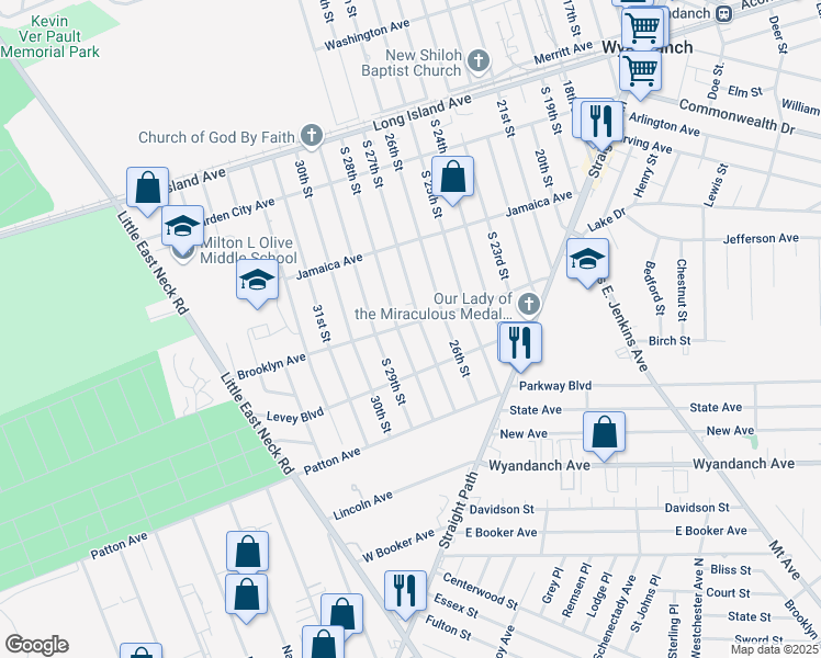 map of restaurants, bars, coffee shops, grocery stores, and more near 51 Brooklyn Avenue in Wyandanch