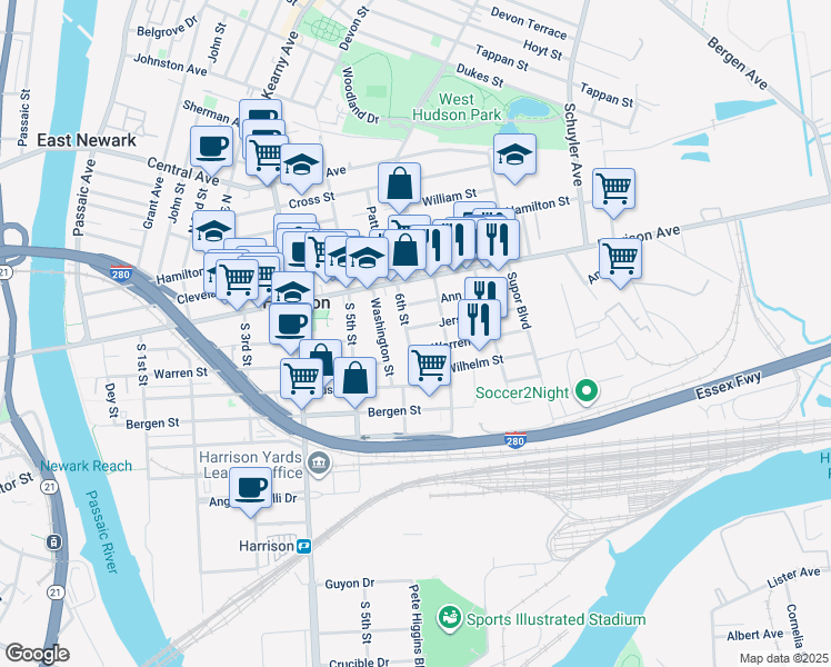 map of restaurants, bars, coffee shops, grocery stores, and more near 620 Jersey Street in Harrison