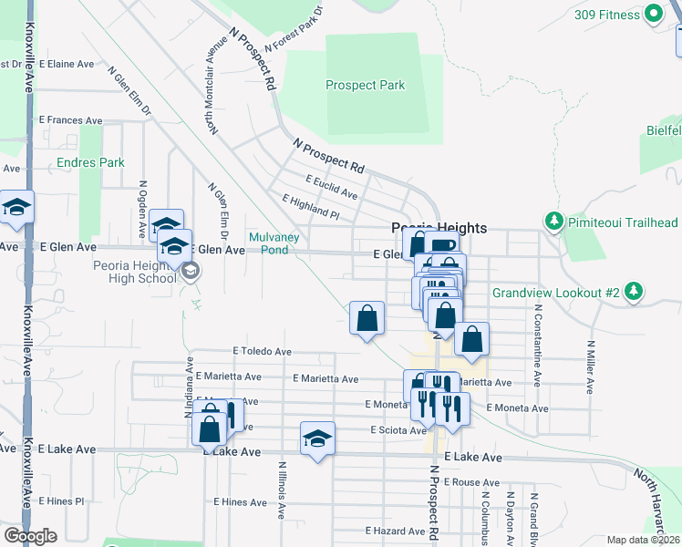 map of restaurants, bars, coffee shops, grocery stores, and more near 924 East Glen Avenue in Peoria Heights