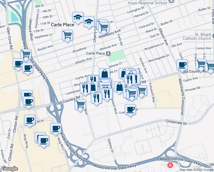 map of restaurants, bars, coffee shops, grocery stores, and more near 900 Old Country Road in Westbury