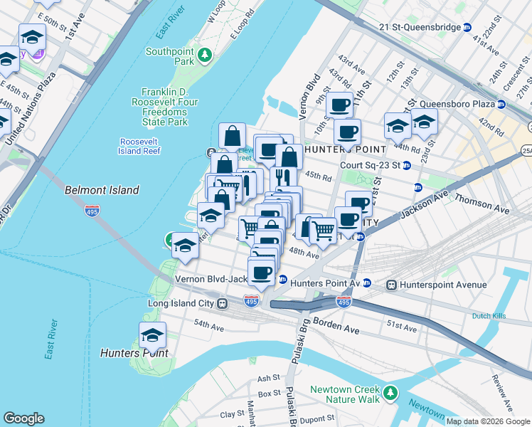 map of restaurants, bars, coffee shops, grocery stores, and more near 5-11 47th Avenue in Queens