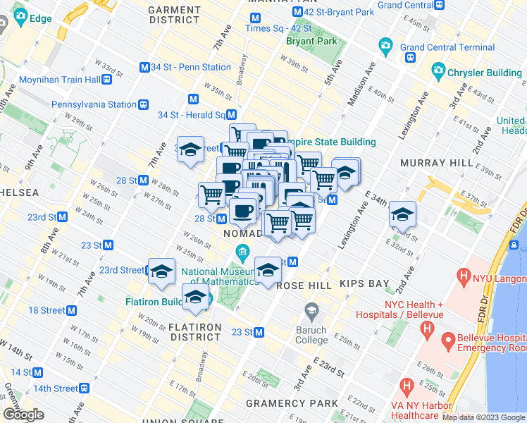 map of restaurants, bars, coffee shops, grocery stores, and more near 295 5th Avenue in New York